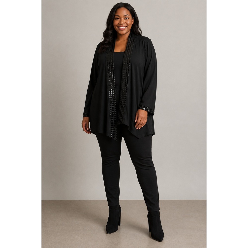 Blu Sage 2X Black Open Front Cardigan Sequin Trim Long Sleeve Stretch Evening NW